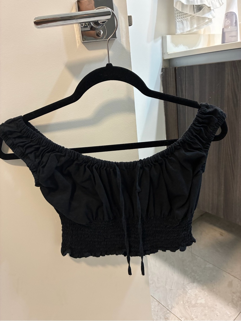 Brandy Melville Black Off-Shoulder Smocked Crop Top